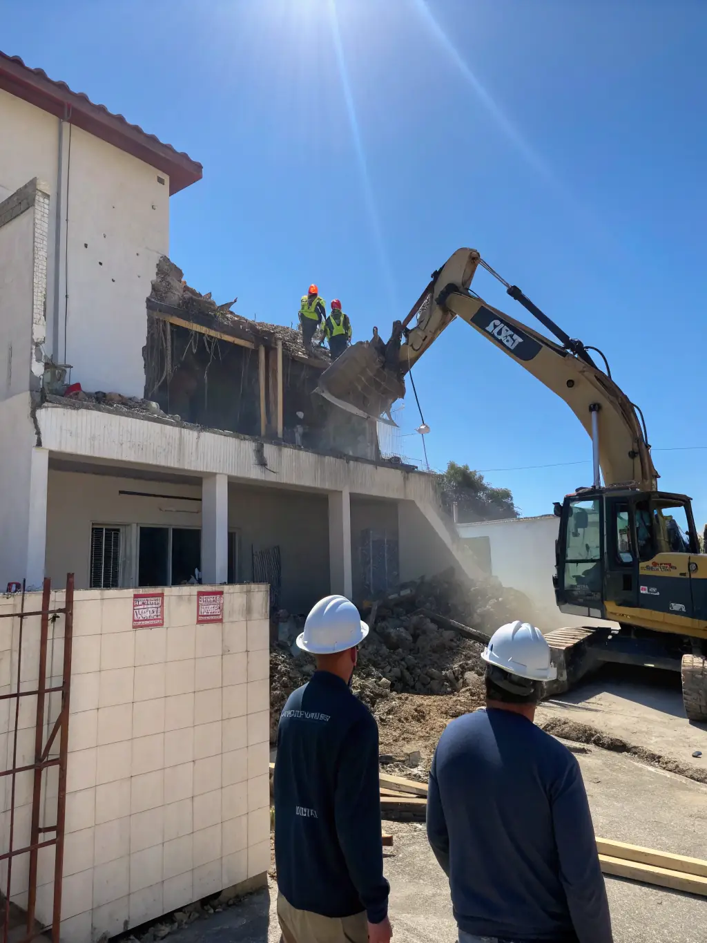 A dynamic image showing DebrisEase's team expertly performing demolition work at a construction site, emphasizing their commitment to safety and regulatory compliance.